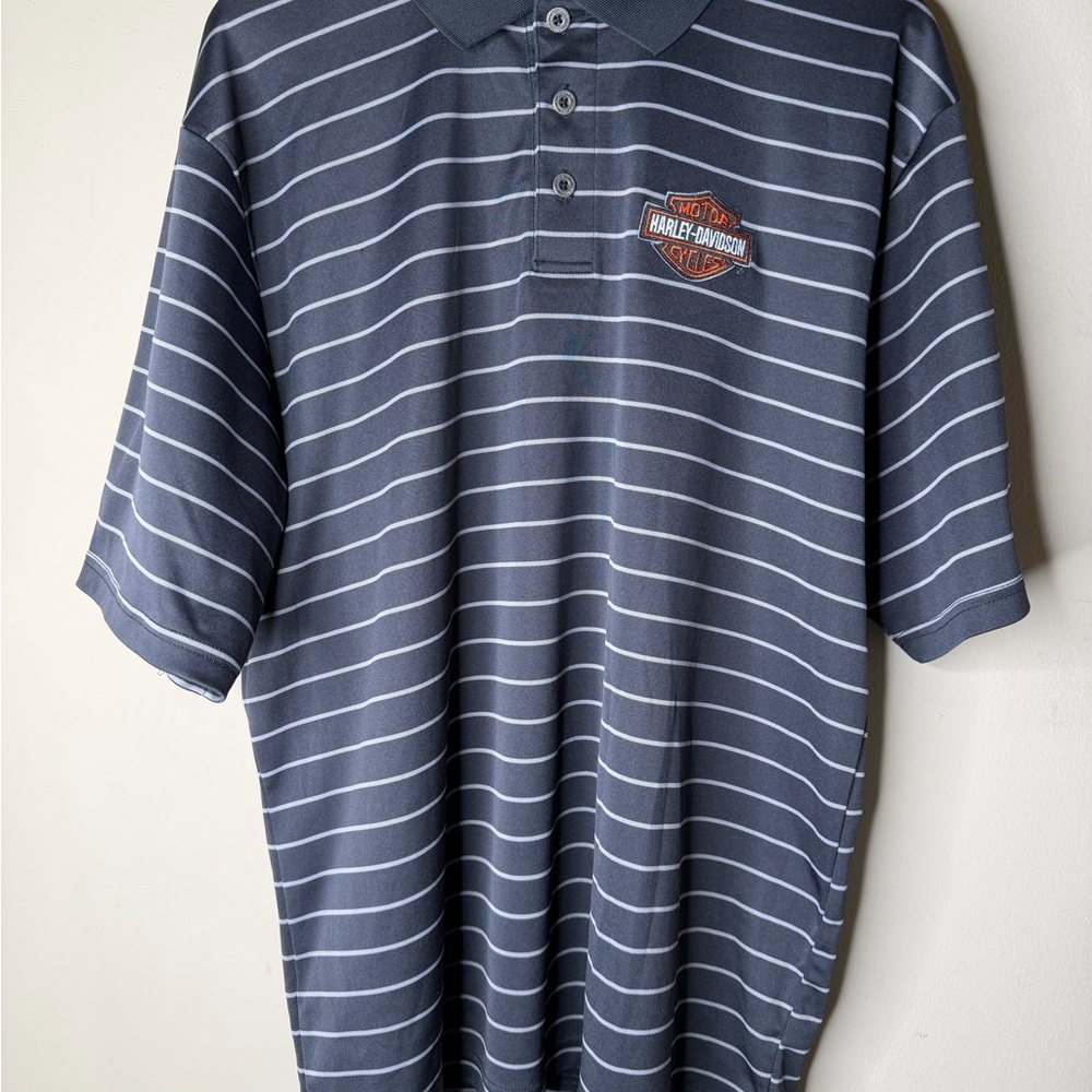 Harley Davidson Men’s Polo Shirt Extra Large Black Grey Striped Pullover Logo XL